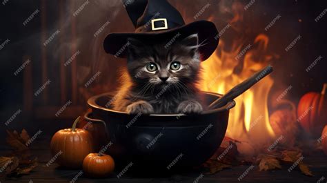 Premium Photo | Cute kitten wearing a halloween witch hat in the cauldron