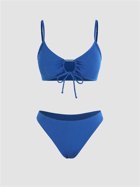 Solid Rib Tie Bikini Swimsuit Cider