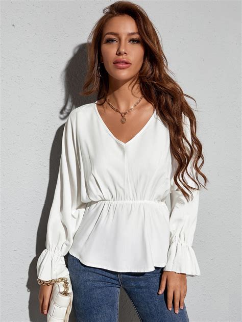 White Casual Long Sleeve Polyester Plain Peplum Embellished Non Stretch Springfall Women Tops