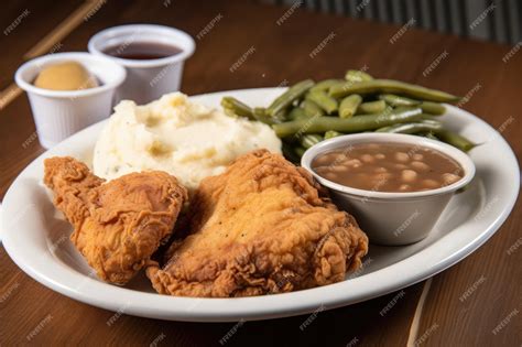 Premium Ai Image Plate Of Fried Chicken Mashed Potatoes Gravy And Green Beans Created With