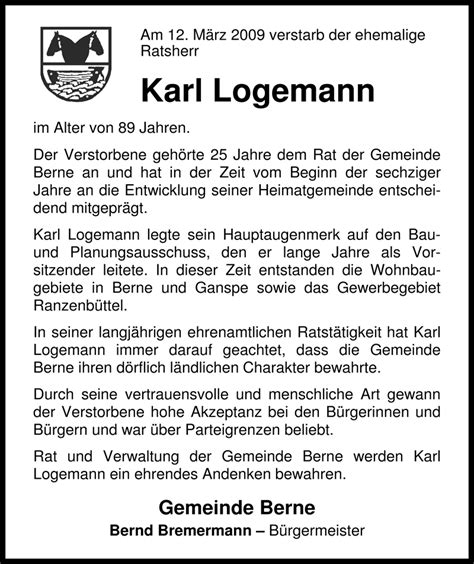 Traueranzeigen Von Karl Logemann Nordwest Trauer De