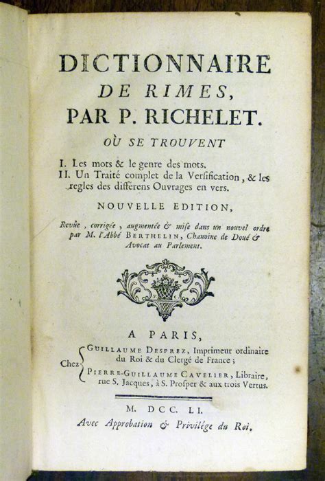 Dictionnaire Des Rimes By Richelet P Berthelin Librairie De Lunivers