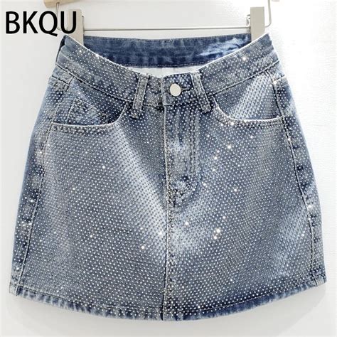 BKQU 2023 Nova Strass Denim Mini Saias Mulheres Moda Festa Clube