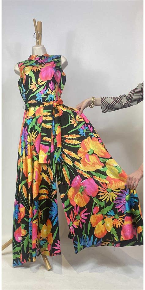 1970s Bright Tropical Floral Print Wide Leg Jumpsuit Gem