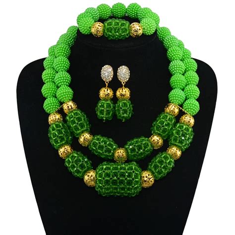 2017 New Arrival Green Nigerian Plated Gold Jewelry Sets Crystal Beads Necklace Set Nigerian