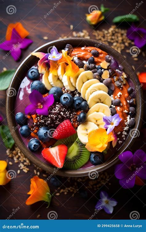 A Vibrant Plant Based Smoothie Bowl With Edible Flowers And Nutrient