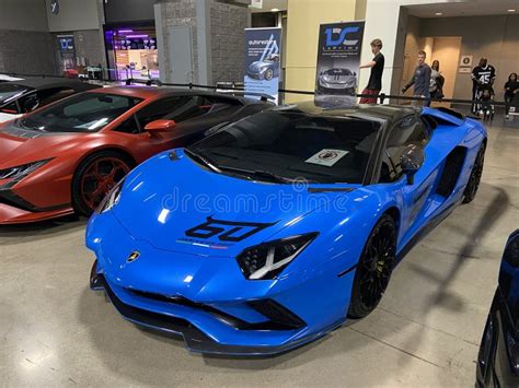 Beautiful Blue Lamborghini Sports Car At The Auto Show Editorial