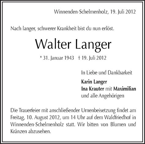 Traueranzeigen Von Walter Langer Zvw Trauer