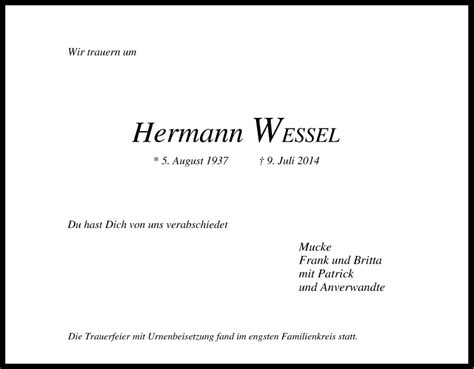 Traueranzeigen Von Hermann Wessel Trauer In Nrw De