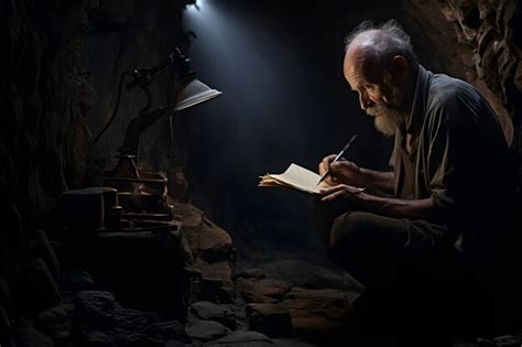 Premium Ai Image Old Man Writing His Memoir Journal In A Dark Cave