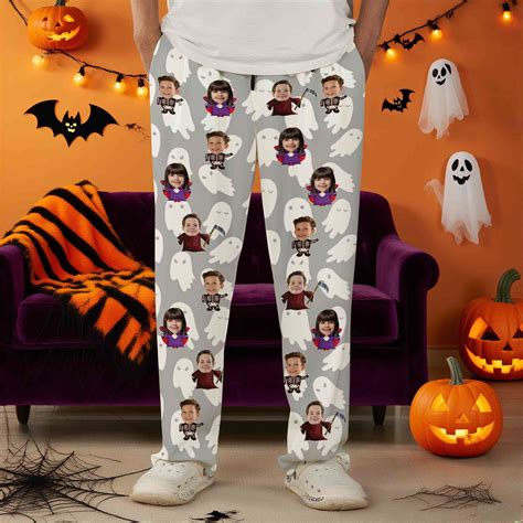 Personalized 1-4 Face Photos Family Halloween Pajama Pants, Unisex Sleepwear Bottoms, Lounge