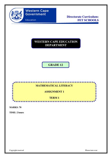 Gr 12 Mathematical Literacy Term 1 Assignment 1 Copyright Reserved Please Turn Over