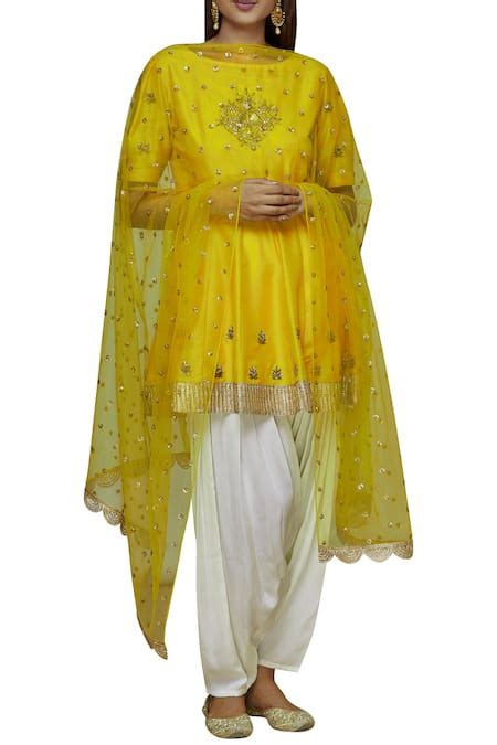 Buy Yellow Silk Blend Round Embellished Kurta Set For Women By Ranian