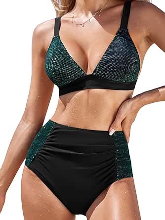 Amazon CUPSHE Women S Bikini Sets Two Piece Swimsuit Shirred High Waisted Bottom V Neck