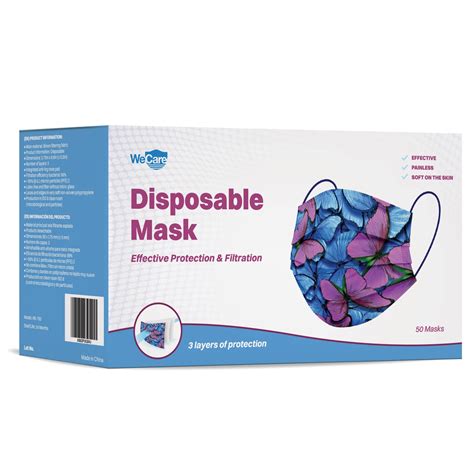 Disposable Face Masks 3 Ply Individually Wrapped 50ct Butterfly