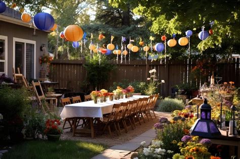 Premium AI Image | A garden party with lanterns and flowers