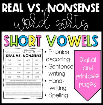 Short Vowels Real And Nonsense Word Sorts Digital And Paper Tpt