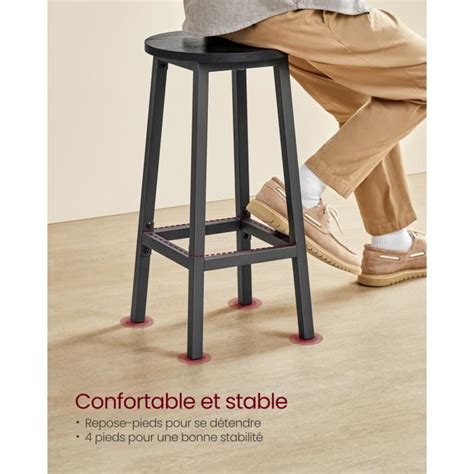 Tabouret de Bar VASAGLE Lot de 4 Noir bois Cadre en Métal