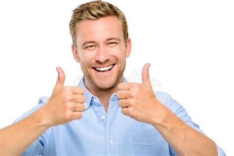 Happy Man Thumbs Up Sign Full Length Portrait On White Background Stock