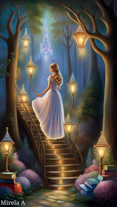 A Painting Of A Girl In A White Dress Walking Up Stairs To A Castle At