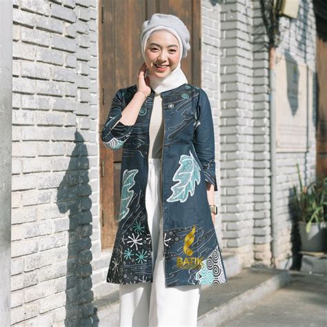 Jual TUNIK DIAN NAVY Baju Batik Atasan Wanita Lengan Panjang Original