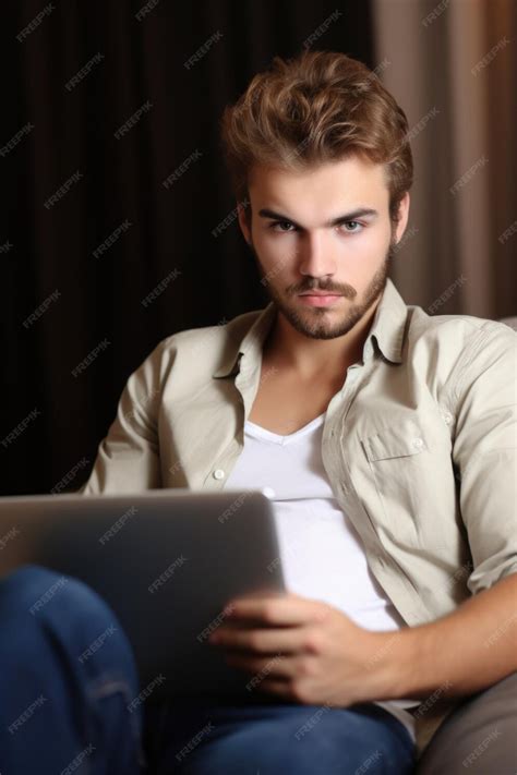 Premium Ai Image Portrait Of A Handsome Young Man Sitting On The Sofa