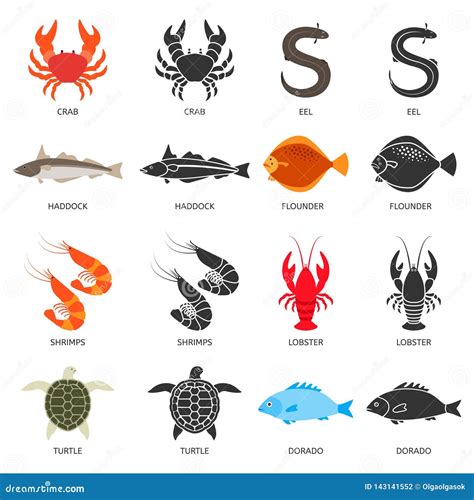 Seafood And Fish Icons Set With Two Types Of Vector Illustrations Stock