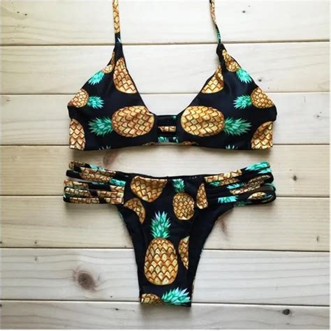 2017 Sexy Pineapple Print Bandage Swimwear Bikini Women Triagnle Brazilian Swimsuit Micro Bikini