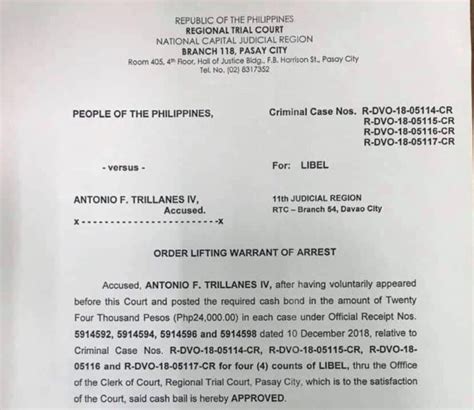 Look Order Of Pasay Court Lifting Trillanes Arrest Warrant Inquirer