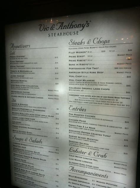 Menu at Vic & Anthony's Steakhouse, Las Vegas