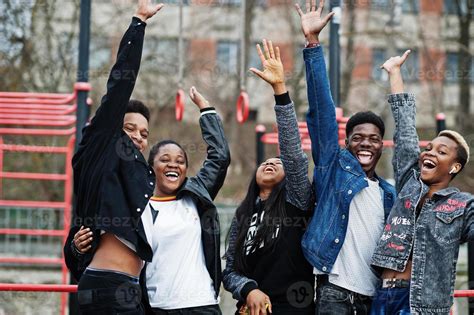 Young millennials african friends on outdoor gym. Happy black people ...