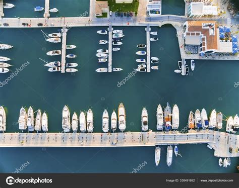 Aerial View Beautiful Marina Limassol City Cyprus Boats Lined Piers