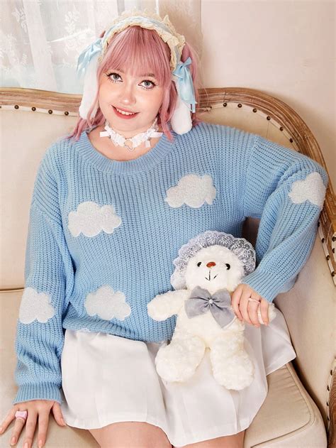 Kawaii Plus Cloud Pattern Drop Shoulder Sweater Shein Usa