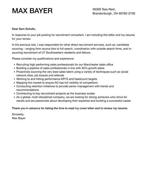 Recruitment Consultant Cover Letter Velvet Jobs