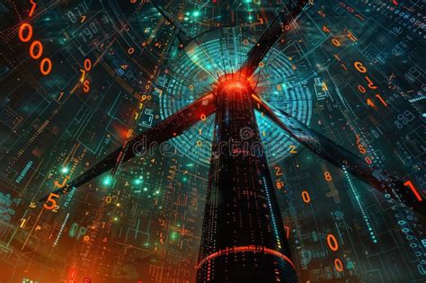 Digital Art Of Futuristic Wind Turbines With Neon Lights And Binary