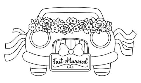 Vector Black And White Wedding Car Decorated With Flowers And Ribbons