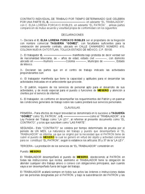 Contrato Taqueria Pdf Salario Tiempo De Trabajo