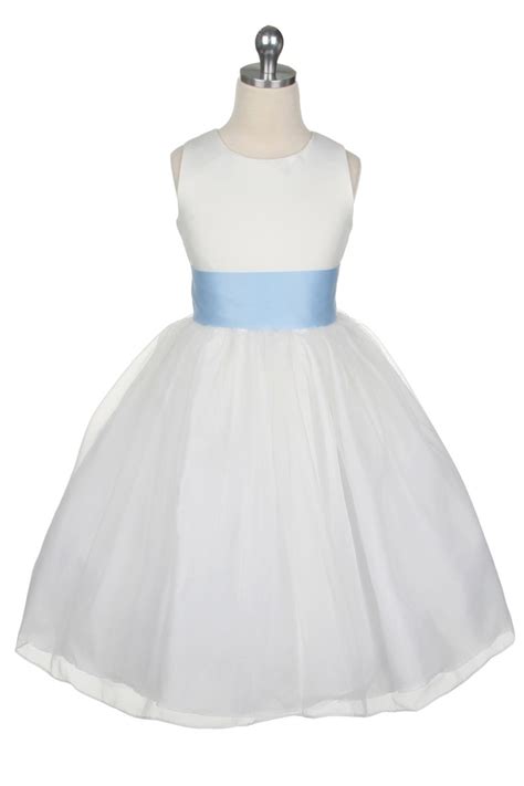 Satin Bodice Organza Skirt Flower Girl Dress With Blue Sash