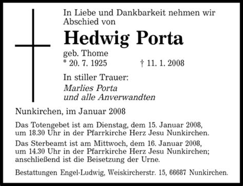 Traueranzeigen Von Hedwig Porta Saarbruecker Zeitung Trauer De