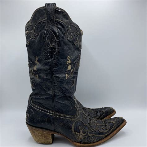 Corral Vintage Cowgirl Boots Black Distressed Lizard Gem