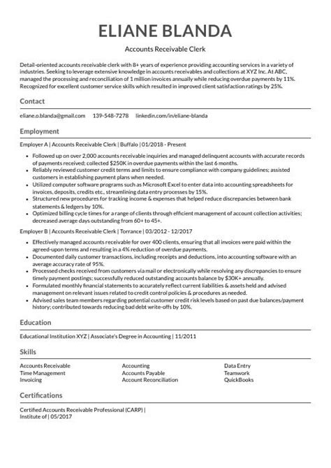 Accounts Receivable Clerk Resume Cv Example And Writing Guide