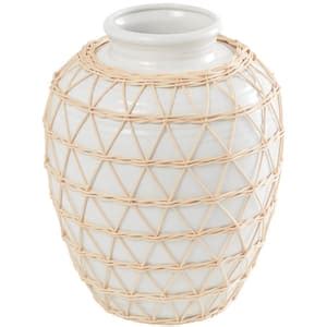 Litton Lane White Ceramic Decorative Vase With Woven Rattan Exterior