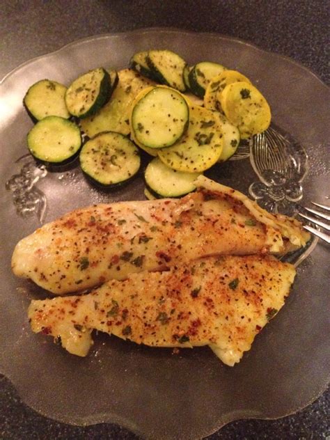 Baked Lemon Pepper Tilapia With A Side Of Broiled Zucchini And Squash