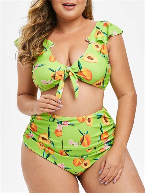 32 OFF 2021 Peach Print Knotted Flounces Plus Size Bikini Set In