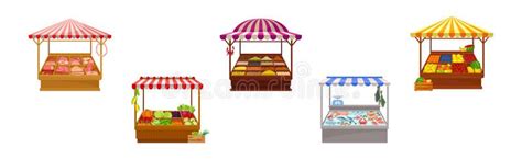 Street Market Stall And Stand With Awning And Various Products Vector