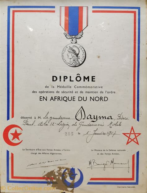 1957 Diplôme de la médaille des opérations de sécurité et de