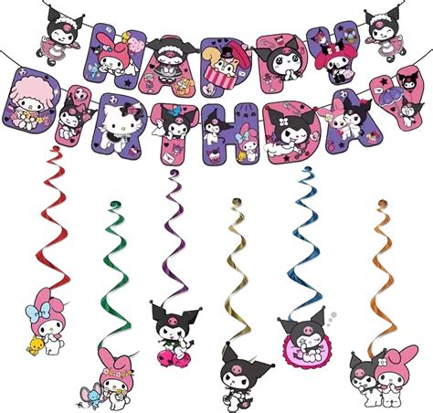 Kawaii Cartoon Birthday Banner And Hanging Swirls Set Cute Anime Party Supplies