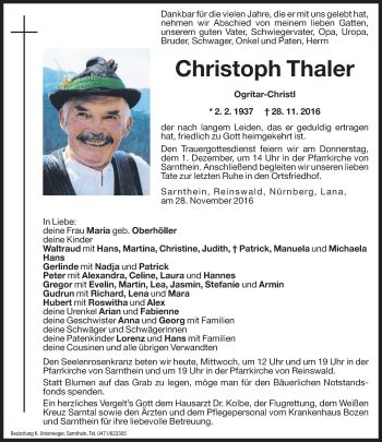 Traueranzeigen Von Christoph Thaler Trauer Bz