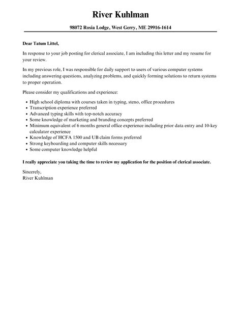 Clerical Associate Cover Letter Velvet Jobs