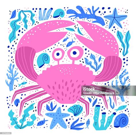 Cute Sea Crab Hand Drawn Vector Illustration Adorable Sealife Cartoon